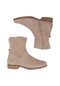 Kotníkové boty z jemného semiše ve světle hnědé barvě s nízkým blokovým podpatkem, vybavené bočním zipem a texturovanými detaily na svrchní části. Design doplňuje hladká podešev.