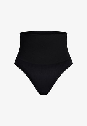 Zwarte high-waisted shaping slip van gladde, elastische stof met een subtiel textuurpatroon en verstevigde randen.