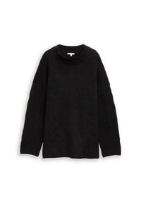 Zwarte gebreide trui met lange mouwen, subtiel luipaardprintje en ronde hals, platliggend afgebeeld op een witte achtergrond.