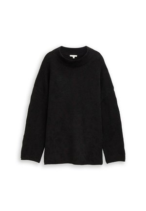 Schwarzer, langärmeliger Strickpullover mit dezentem Leopardenmuster und Rundhalsausschnitt, flach liegend auf weißem Hintergrund gezeigt.