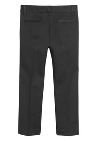 Pantalon noir avec une coupe droite, fabriqué à partir d'un tissu lisse, comportant deux poches arrière et des accents de finition contrastants.