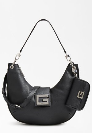 Sac à main en cuir noir texturé avec bandoulière amovible et petite pochette attachée, équipé de ferrures en métal argenté avec le logo "G".