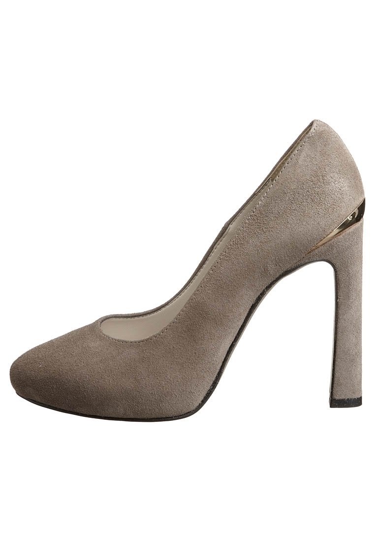 Gray suede high heel shoe with a pointed toe, cut-out sides, and a gold accent on the heel. Smooth finish with a matte texture.