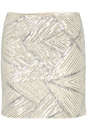 Short, fitted white skirt with silver sequined geometric pattern, featuring zigzag and line designs, smooth texture, and discreet waistband.