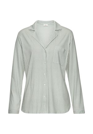 Striped long-sleeve shirt in light green and white, featuring a classic collar, button front, and single chest pocket. Soft fabric texture.