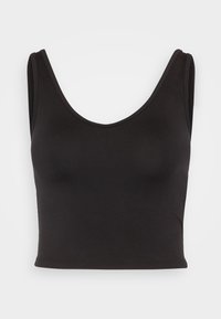 Czarny cropped top z szerokim dekoltem, wykonany z gładkiego, elastycznego materiału. Posiada szerokie ramiączka oraz dopasowany krój dla wygody.