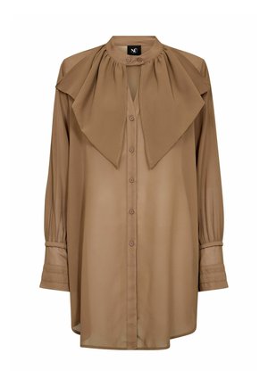 Brown long-sleeve blouse with large bow detail at neck, button-down front, and cuffed sleeves in a lightweight fabric.