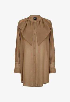 Brown long-sleeve blouse with large bow detail at neck, button-down front, and cuffed sleeves in a lightweight fabric.