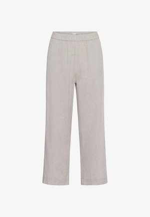 Pantaloni largi de culoare gri deschis, din amestec de in, cu talie elastică și tiv drept.