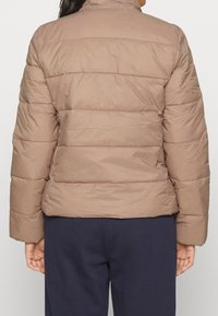Giacca a soffietto marrone con design trapuntato, colletto alto e polsini a coste. Il materiale appare liscio e leggermente lucido, offrendo un fit caldo.
