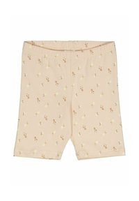 Pantaloni corti in cotone color pesco chiaro con un motivo floreale in rosa e bianco, dotati di una cintura elastica e di una texture liscia.