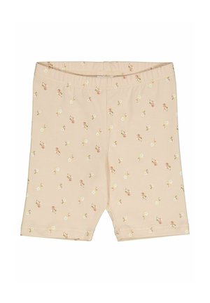 Licht perzikkleurige katoenen shorts met een bloemenpatroon in roze en wit, voorzien van een elastische tailleband en een gladde textuur.
