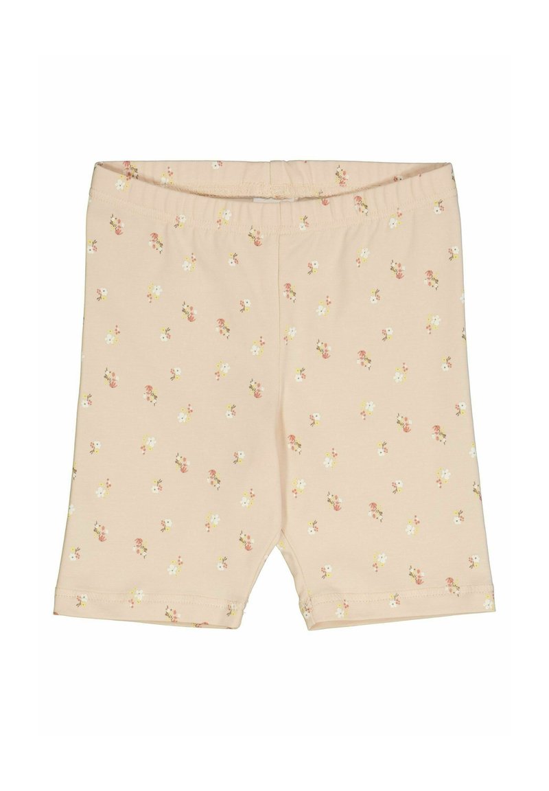 Pantaloni corti in cotone color pesco chiaro con un motivo floreale in rosa e bianco, dotati di una cintura elastica e di una texture liscia.