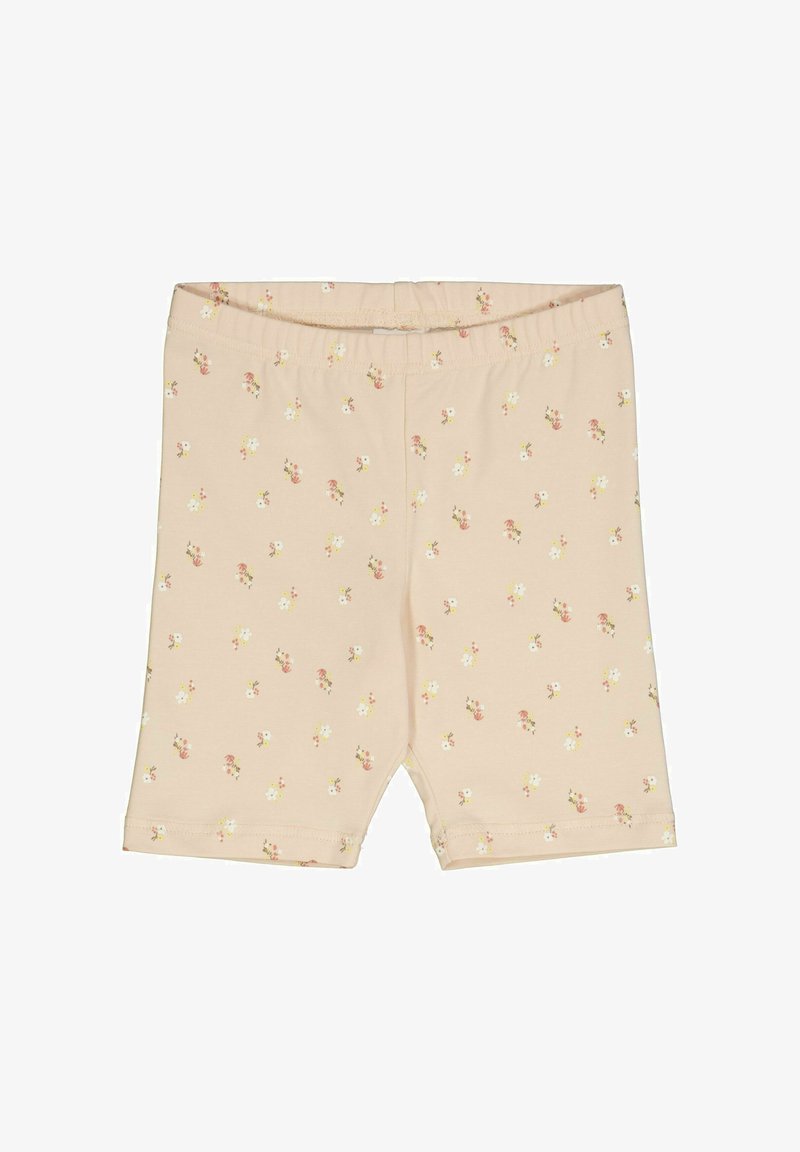Pantaloni corti in cotone color pesco chiaro con un motivo floreale in rosa e bianco, dotati di una cintura elastica e di una texture liscia.