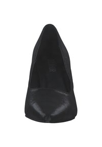 Black pointed-toe pump with a glossy finish, smooth texture, and a low-cut vamp design. Features a subtle inner lining and minimalist styling.