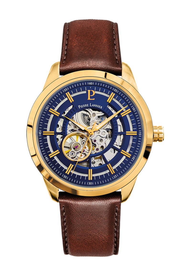 Brown leather strap watch with a gold-tone stainless steel case, blue dial, skeleton design, and gold hour markers and hands.
