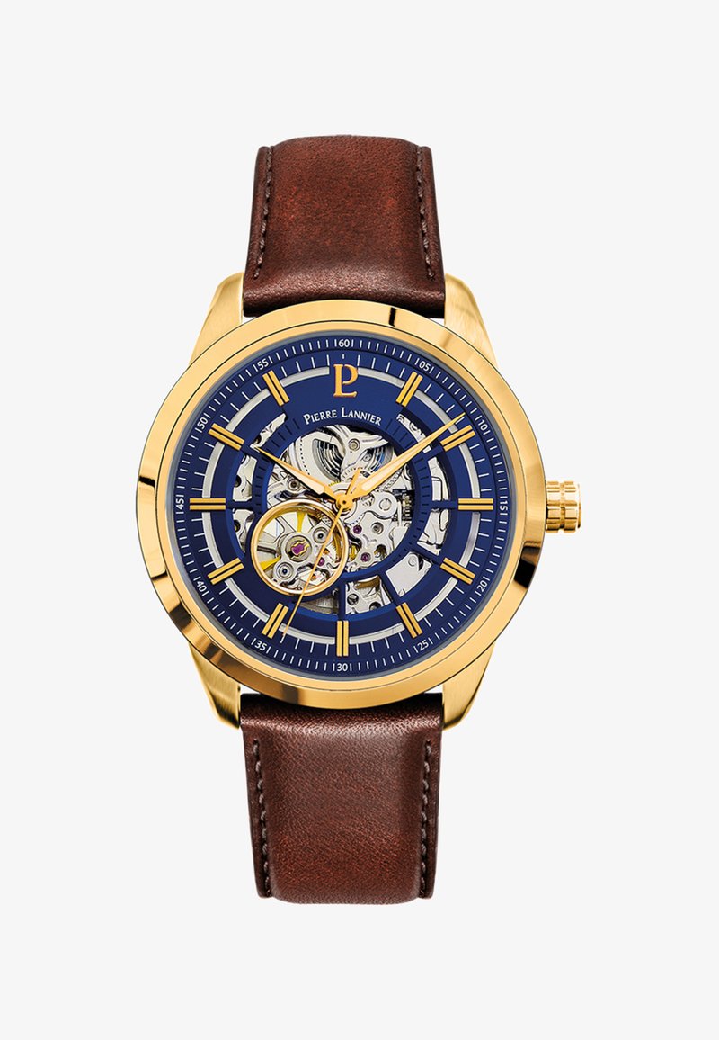 Zegarek ze brązowym skórzanym paskiem, złotą stalową kopertą, niebieską tarczą, wzornictwem szkieletem oraz złotymi znacznikami i wskazówkami godzinowymi.