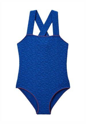 Maillot de bain une pièce bleu texturé avec de larges bretelles croisées sur les épaules et des surpiqûres contrastantes orange le long des bords.