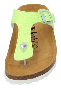 Infradito glitterati di colore verde neon, con fascetta per le dita e fibbia regolabile, dotati di una soletta in suede marrone e suola in gomma bianca.