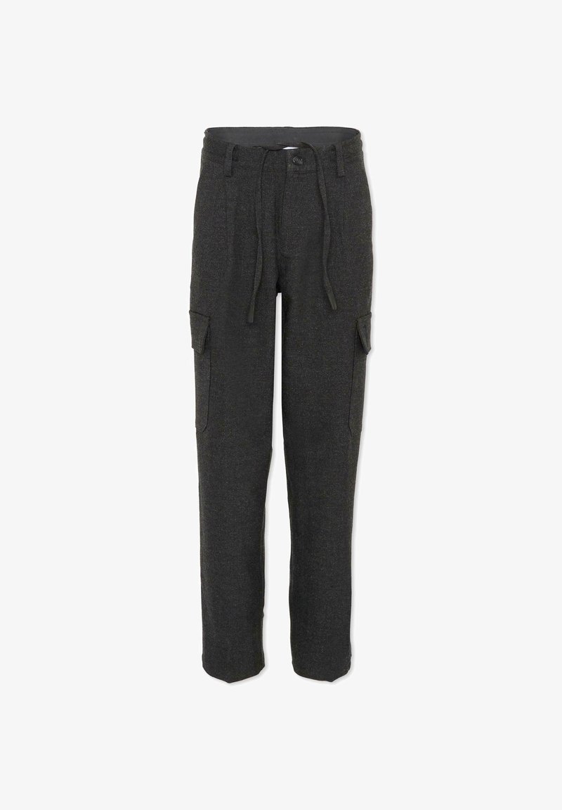 Grijze, ontspannen pasvorm cargobroek van zachte, gestructureerde stof. Voorzien van een met trekkoord verstelbare tailleband en twee zijzakken. Rechte pasvorm.