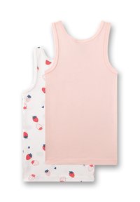 Two tank tops: one solid pink, the other white with red and blue strawberry patterns. Both feature sleeveless design and soft fabric.