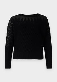 Melnā adīta džemperis ar ribotu tekstūru un caurspīdīgiem raksta akcentiem uz piedurknēm. Arapa kakls un garas piedurknes, ar īsāku dizainu.