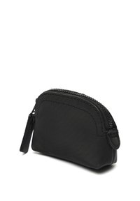 Black pouch crafted from textured material, featuring a curved shape, top zipper closure, and a side tassel for easy handling.
