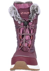 Stivaletto impermeabile bordeaux con colletto in pelliccia sintetica imbottito, sistema di lacci bungee e suola in gomma resistente, progettato per le condizioni invernali.