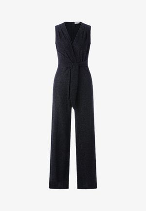 Black sleeveless jumpsuit with a deep V neckline, belted waist, wide legs, and a subtle glittery texture. Back zip closure.