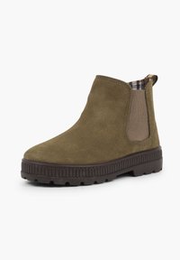 Botas de tobillo de ante verde oliva con paneles laterales elásticos, suela de goma y forro a cuadros. Punta redondeada y suela texturada para agarre.