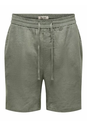 Herre olivengrønne bukser i lin med elastisk midjebånd, snor til justering og sidelommer.