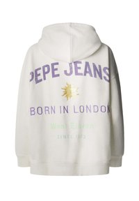 Witte hoodie met een voorzak in kangoeroe-stijl. Heeft paarse, groene en gouden tekst: "PEPE JEANS BORN IN LONDON" met een zonafbeelding.