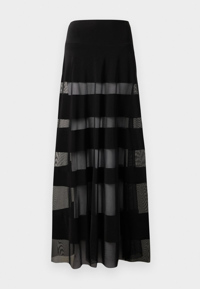 Black maxi skirt with a fitted waistband, featuring sheer panels and opaque stripes. Lightweight fabric with a smooth texture.