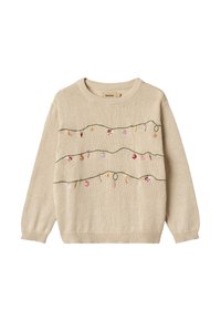 Pull en tricot beige avec des éléments décoratifs brodés ressemblant à des lumières et des ornements festifs sur un motif de lignes vertes cousues.
