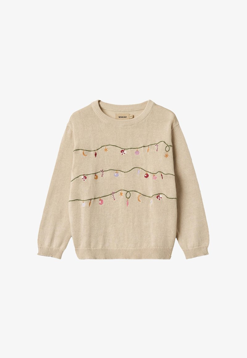 Pull en tricot beige avec des éléments décoratifs brodés ressemblant à des lumières et des ornements festifs sur un motif de lignes vertes cousues.