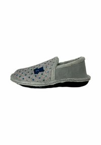 Gray felt slipper with light gray trim, blue polka dots, and a blue bear motif. Features a soft interior and black rubber sole.