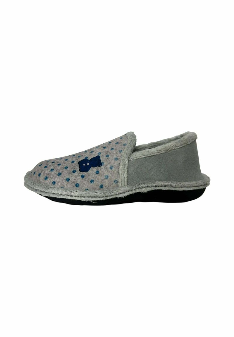 Gray felt slipper with light gray trim, blue polka dots, and a blue bear motif. Features a soft interior and black rubber sole.