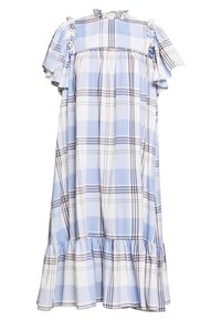 Volná midi šaty v modro-bílé kostkované čtvrťce s krátkými volánovými rukávy, vysokým límcem a tiered volánkovým lemem.