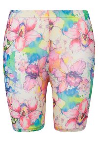 Fietsshorts gemaakt van rekbare stof, met een levendig bloemenpatroon in roze en blauw op een witte achtergrond. Gladde textuur.