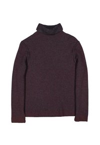 Dunkellila gerippter Rollkragenspullover mit langen Ärmeln, gefaltetem Kragen und schmalem Bund, flach auf einem weißen Hintergrund ausgelegt.