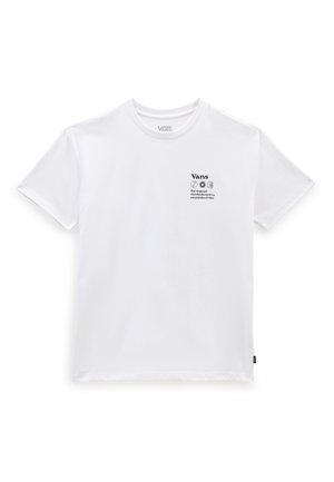Biała koszulka Vans z małym czarnym logo i tekstem na lewej piersi, krótkimi rękawami i okrągłym dekoltem.