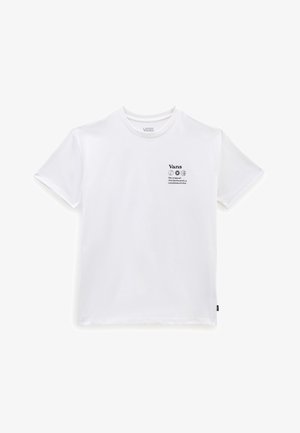Biała koszulka Vans z małym czarnym logo i tekstem na lewej piersi, krótkimi rękawami i okrągłym dekoltem.