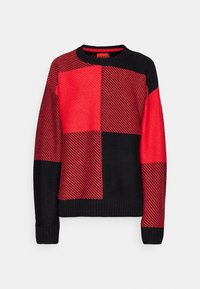 Pull tricot patchwork rouge et noir avec manches longues, col rond et poignets et ourlet côtelés.