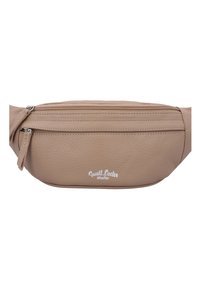 Hellbraune Leder-Bauchtasche mit zwei Reißverschlussfächern und silbernem "Gusti Leder studio"-Logo in der Mitte vorne.