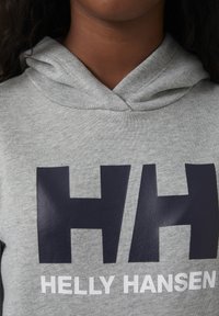 Šedá mikina s kapucí, která má velké tmavě námořnické logo "HH" a text "HELLY HANSEN" v bílé barvě. Měkká textura, ležérní střih.