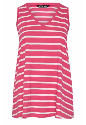 Ærmeløs pink tanktop med hvide horisontale striber og V-formet hals, løs pasform, mærket "Yours" i størrelse UK 18.
