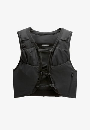 Gilet de sport noir en tissu léger, doté de multiples poches, de fermetures éclair et de sangles réglables pour un ajustement sécurisé.