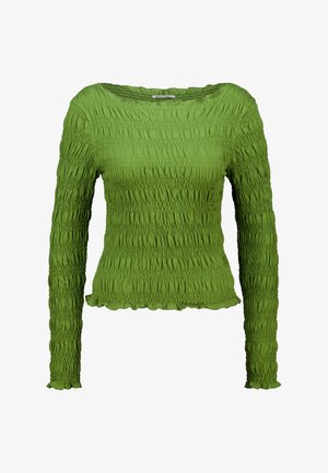 Grünes Langarmoberteil mit strukturiertem, gerafftem Design. Mit einem weiten Ausschnitt und einem gewellten Saum versehen. Hergestellt aus elastischem Stoff.