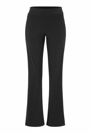 Schwarze, ausgestellte Hosen aus dehnbarem Stoff mit glatter Textur und breitem Bund. Sie verfügen über seitliche Schlitze am Saum für zusätzliche Details.