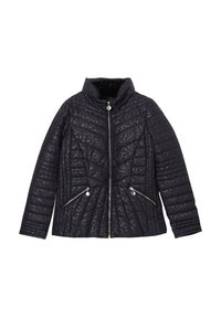 Veste noire matelassée avec un col montant, fermeture éclair devant, deux poches zippées et un motif texturé. Présente des coutures en chevron et une finition lisse.